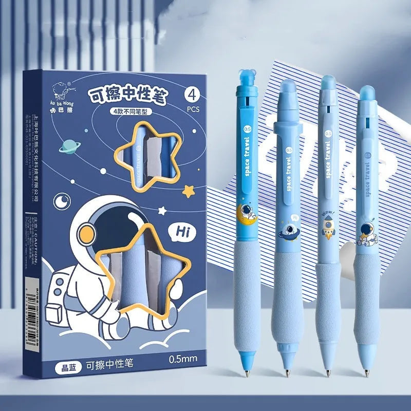 Erasable cartoon press gel pen with 0.5mm tip in various black and blue design options.
