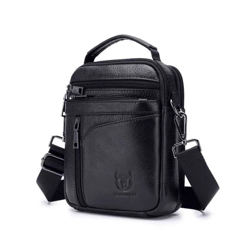 Black genuine leather men's shoulder messenger bag with retro styling for business and travel