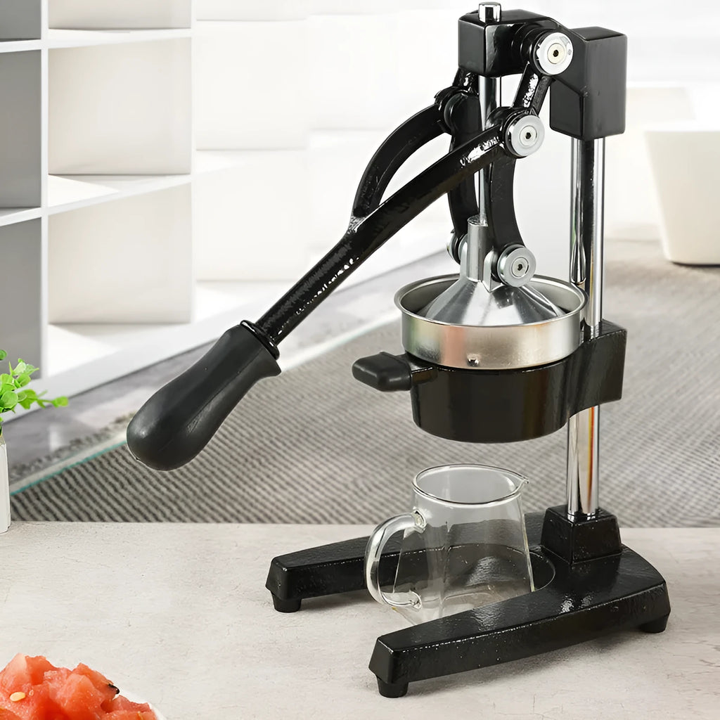 40cm tall black cast iron manual citrus juicer with stainless steel funnel