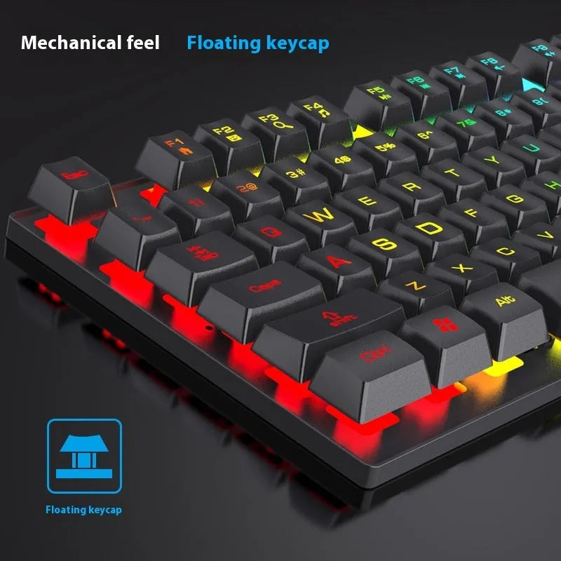 Black gaming keyboard and mouse combo with backlight illumination showing 104-key layout