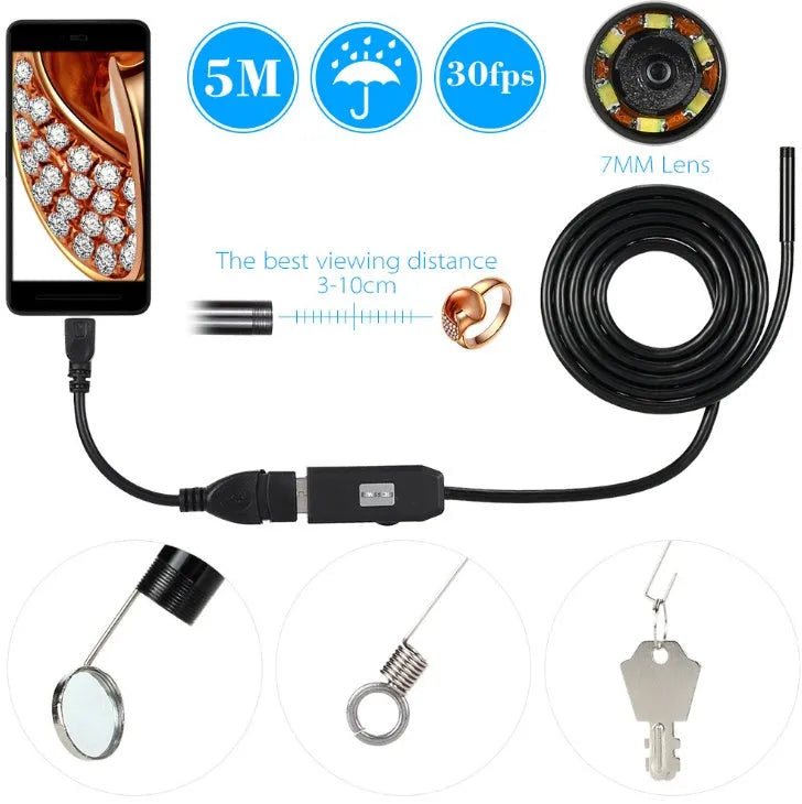 OWSOO USB endoscope with 5m cable, 7mm camera, LED lights, hook, and magnet for phone inspections.
