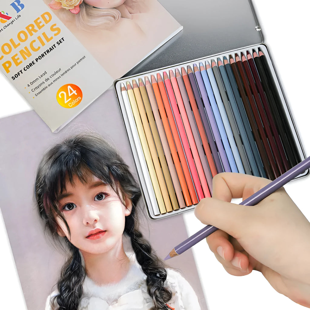 24 skin colour pencils in round iron box for portrait art with oil-based leads and HB hardness