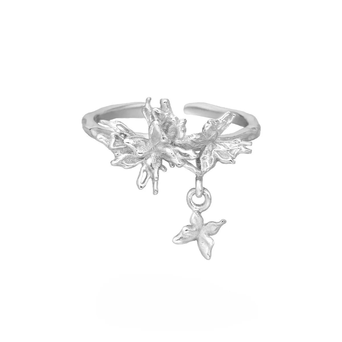 Adjustable opening silver butterfly ring with electroplated gold colour finish