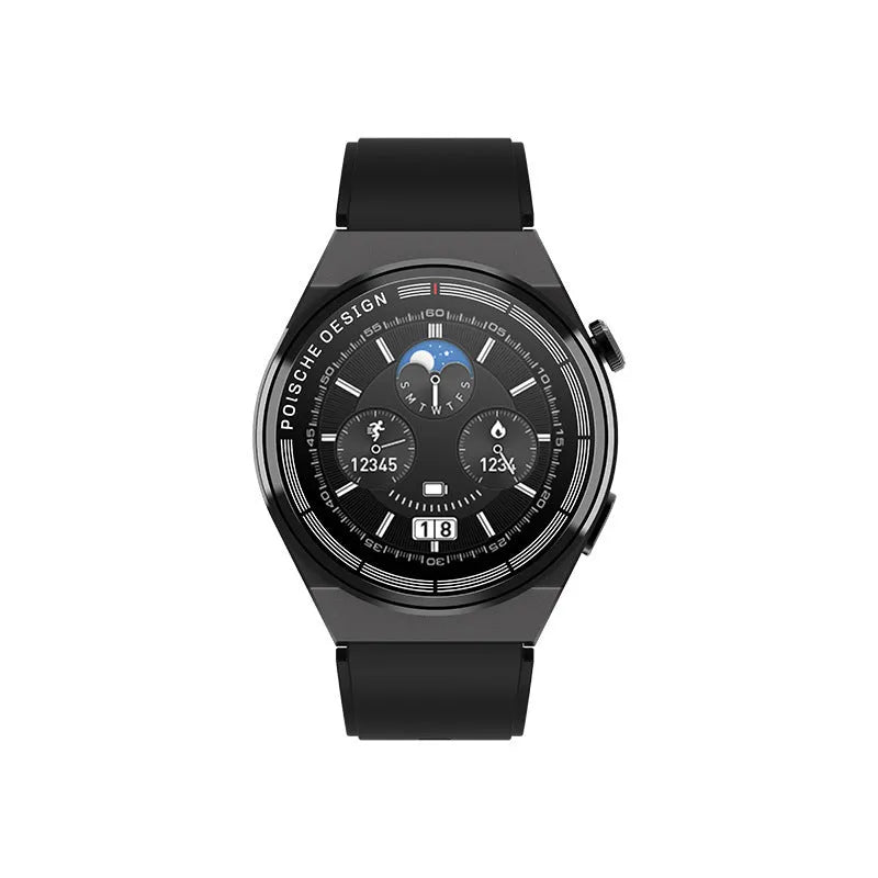 Black smartwatch with 1.39 inch screen showing Bluetooth call and NFC payment functions