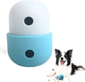 Food-grade silicone dog treat puzzle ball in blue and white, measuring 8x11cm for small medium dogs.