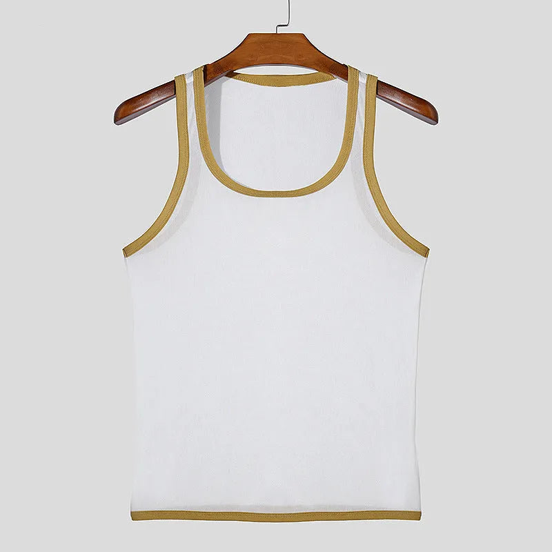 Men's white mesh fitness vest with straight hem and no-pocket design for athletic wear