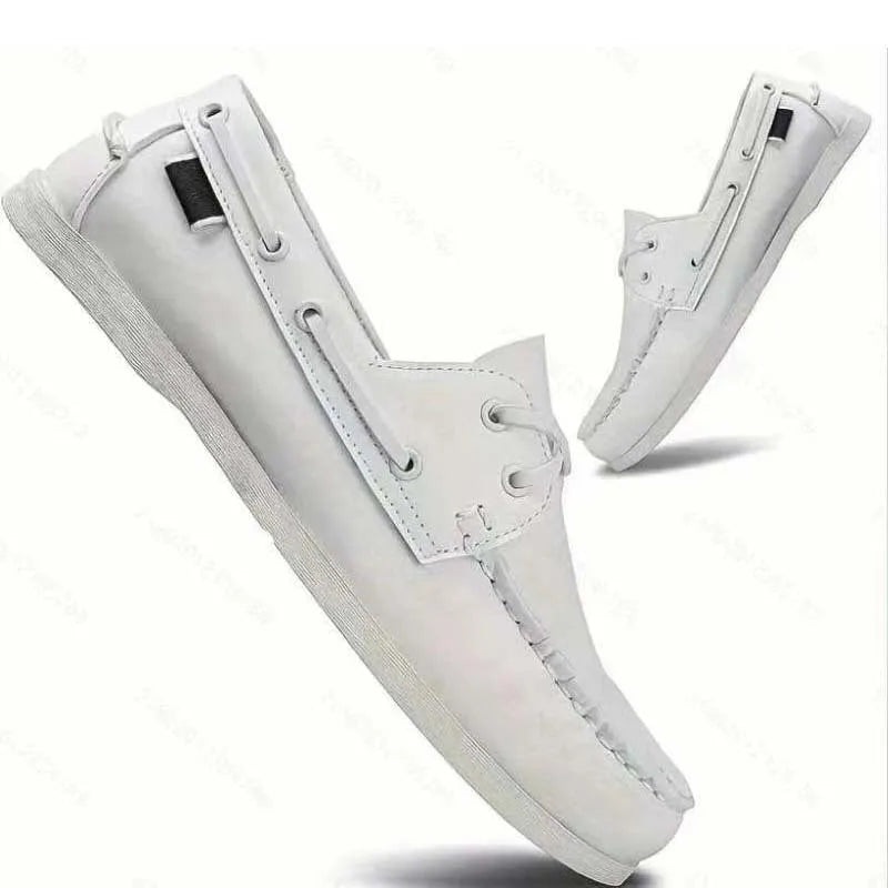 Men's British-style casual shoes in artificial PU with flat heel and round toe, shown in multiple colour options.