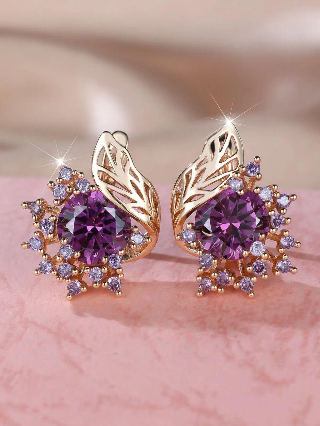 Round floral feather zircon earrings with champagne gold finish and multiple gem colour options