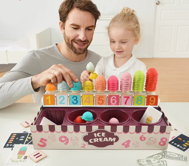 Kids ice cream math play set with colourful number sign, ice cream balls, and cards for role play