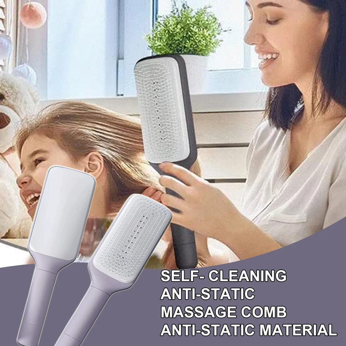 Self-cleaning hair brush in Roland purple colour showing rotate handle mechanism and bristle design