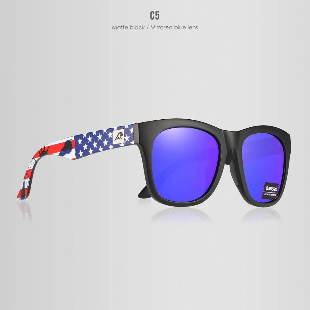 Polarised sunglasses with a polycarbonate frame and TAC lenses for outdoor UV protection.