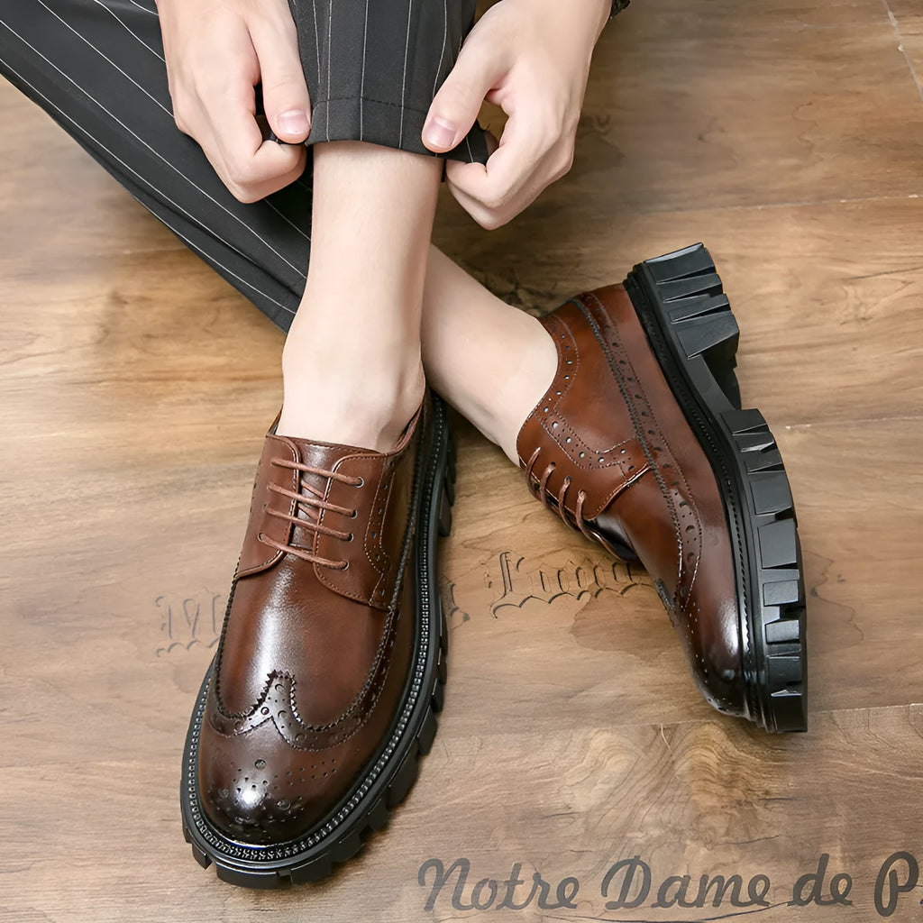 Men's black and brown formal brogue shoes with round toe and artificial PU upper.