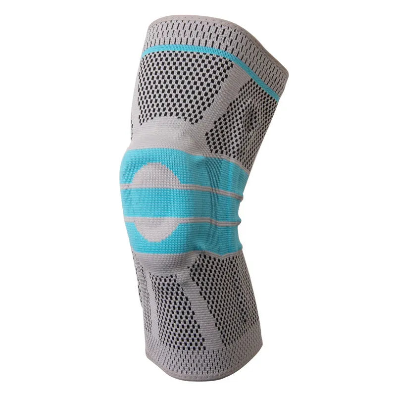 Sky blue silicone knee pads for sports with elastic fibre construction and multiple size options