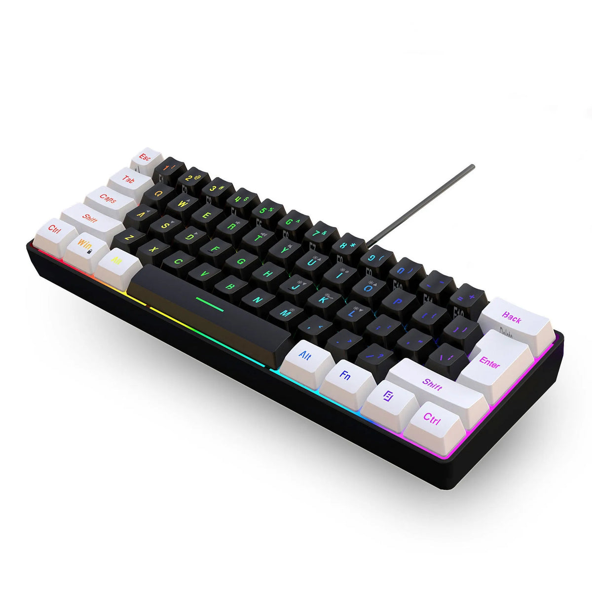 Wired 61-key membrane keyboard with white and black colour scheme showing compact design and USB cable
