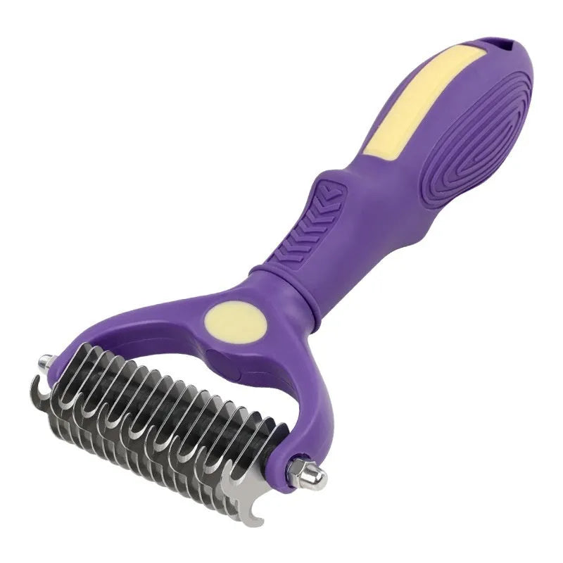 Purple plastic double-sided pet comb for detangling and grooming dog fur.