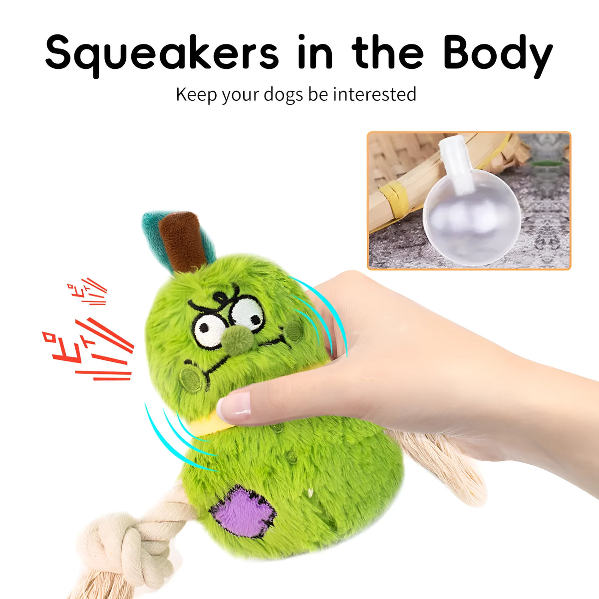 Green and purple plush dog toy with rope knots and a molar tooth shape for tug of war and chewing.