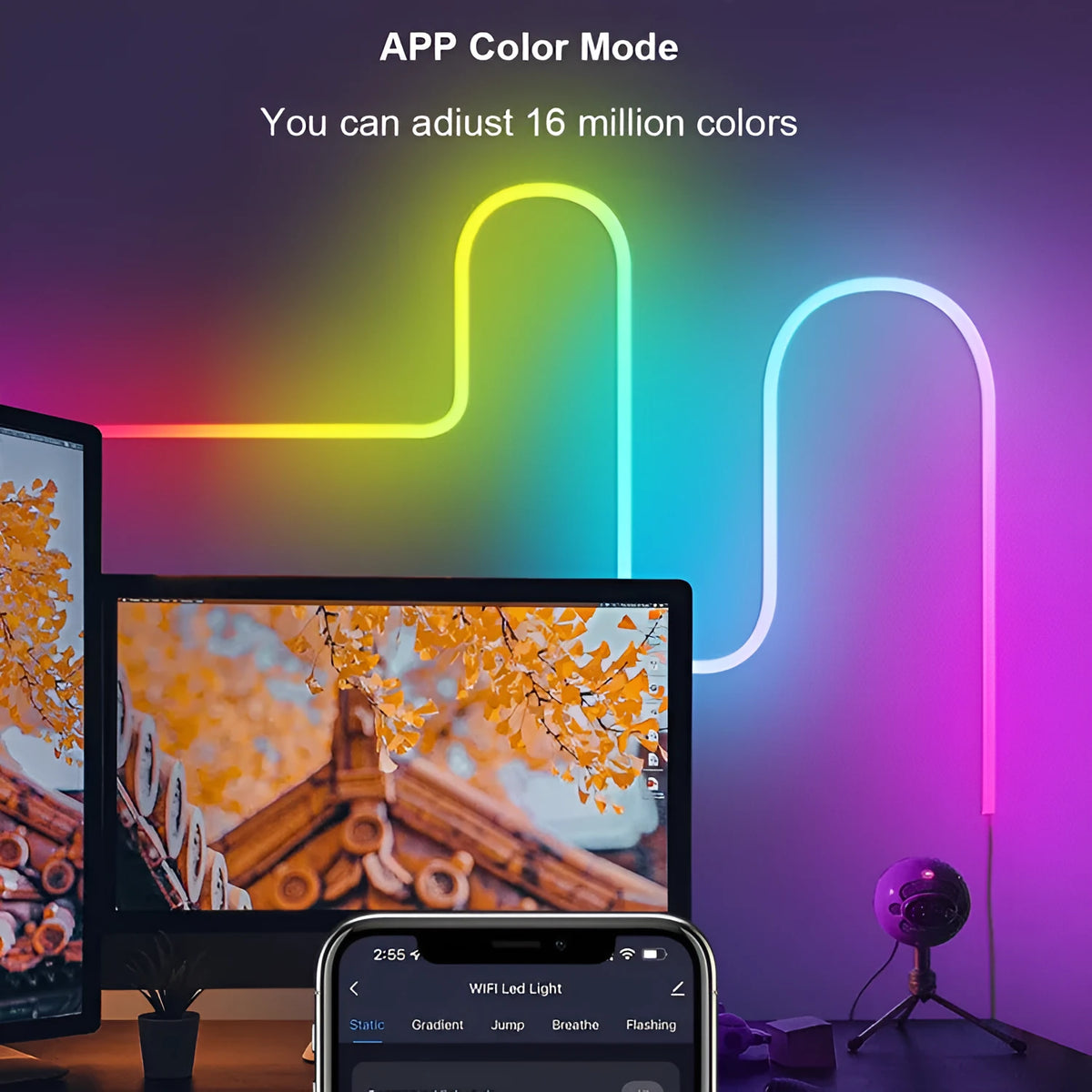 3-metre USB-powered RGB neon LED strip lights with remote control on colour box packaging