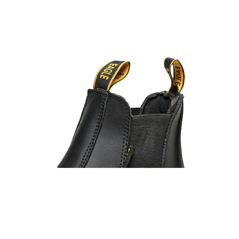 Black high-top leather safety work boots with anti-piercing sole protection on a plain background.