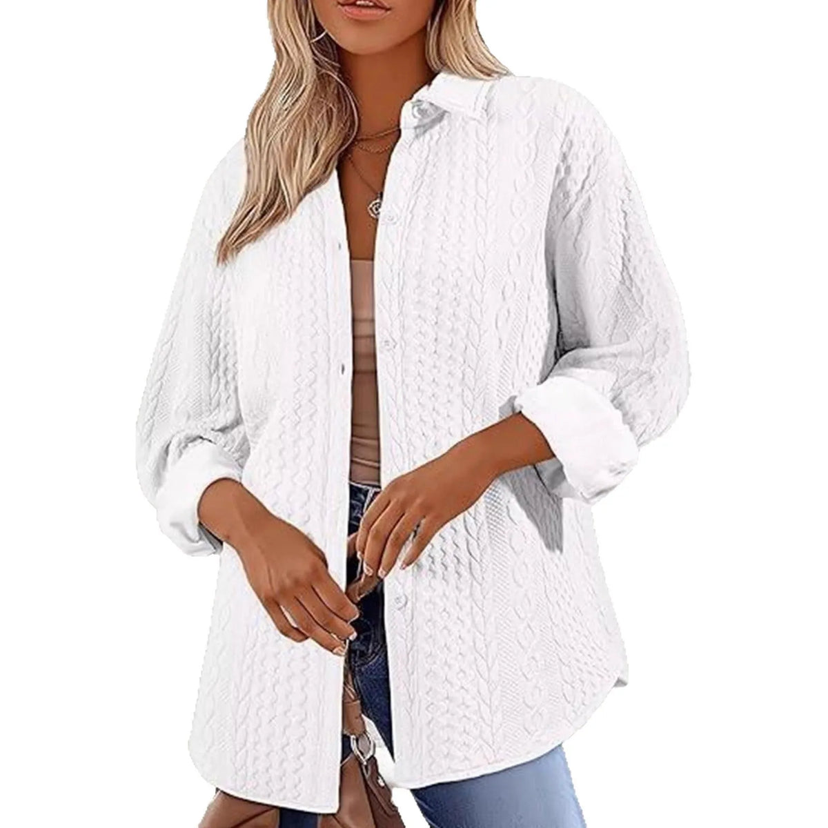 Women's solid colour knitted cardigan sweater in black, shown on a model.