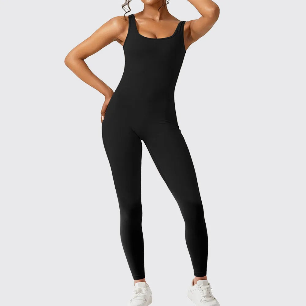 Women's sleeveless black flare jumpsuit long pants for yoga and fitness.