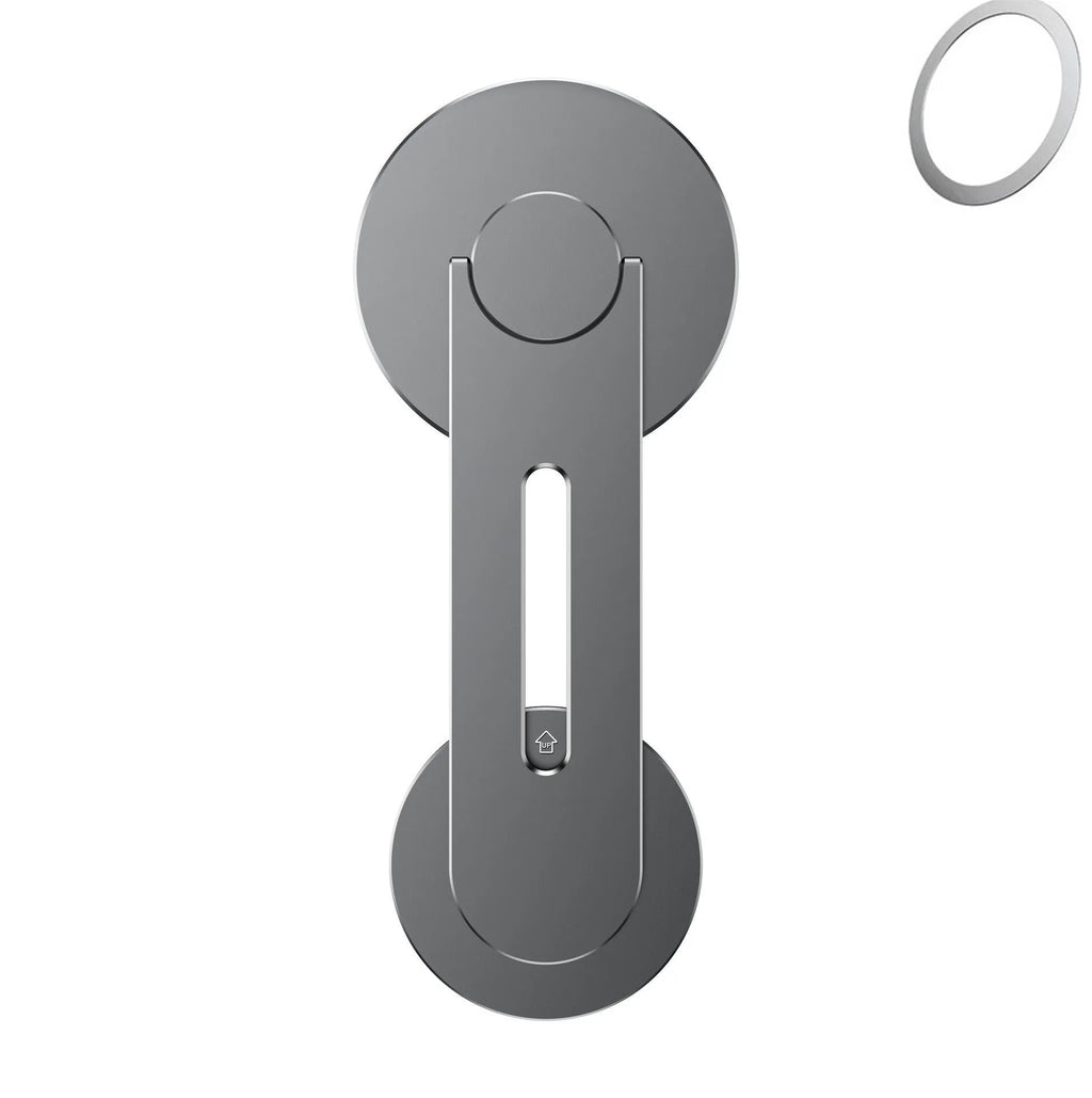 Silver aluminium alloy magnetic phone holder for car, shown mounted next to a Tesla-style screen.