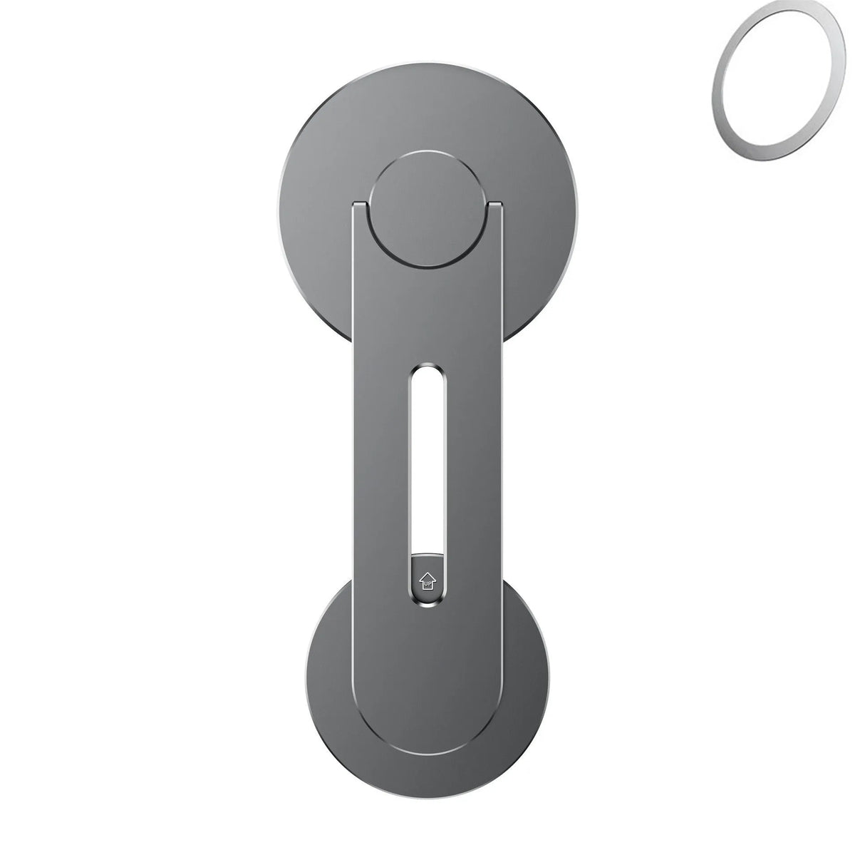 Silver aluminium alloy magnetic phone holder for car, shown mounted next to a Tesla-style screen.