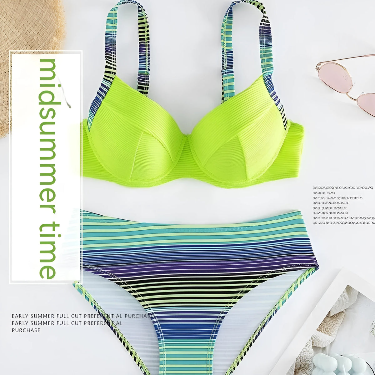 Green printed women's halterneck bikini top and split-style briefs set on a white background.