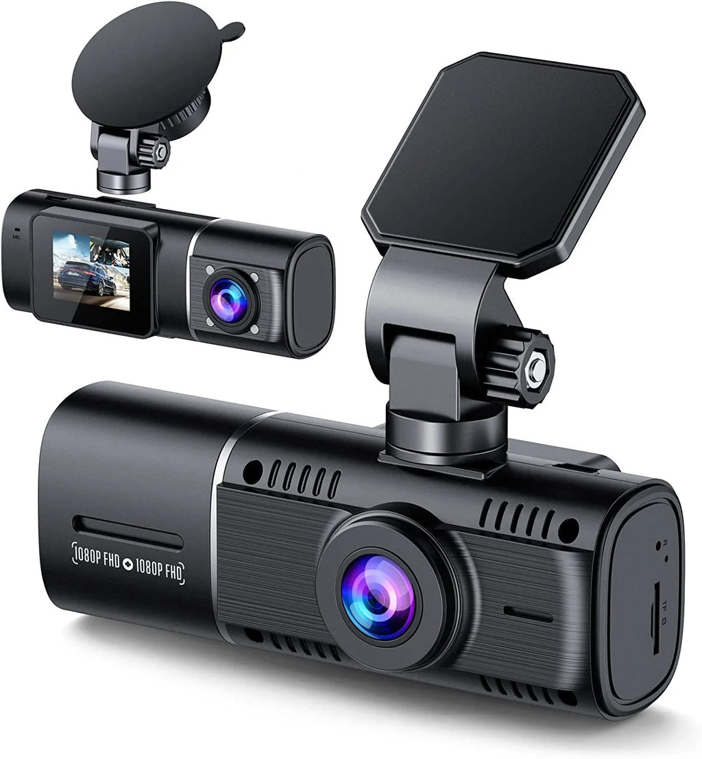 Standard black 1080p car dash camera with 1.5-inch screen, supplied with charger and stand.