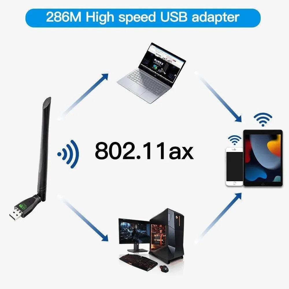 Black USB WiFi 6 wireless network card adapter for driver-free plug-and-play connectivity