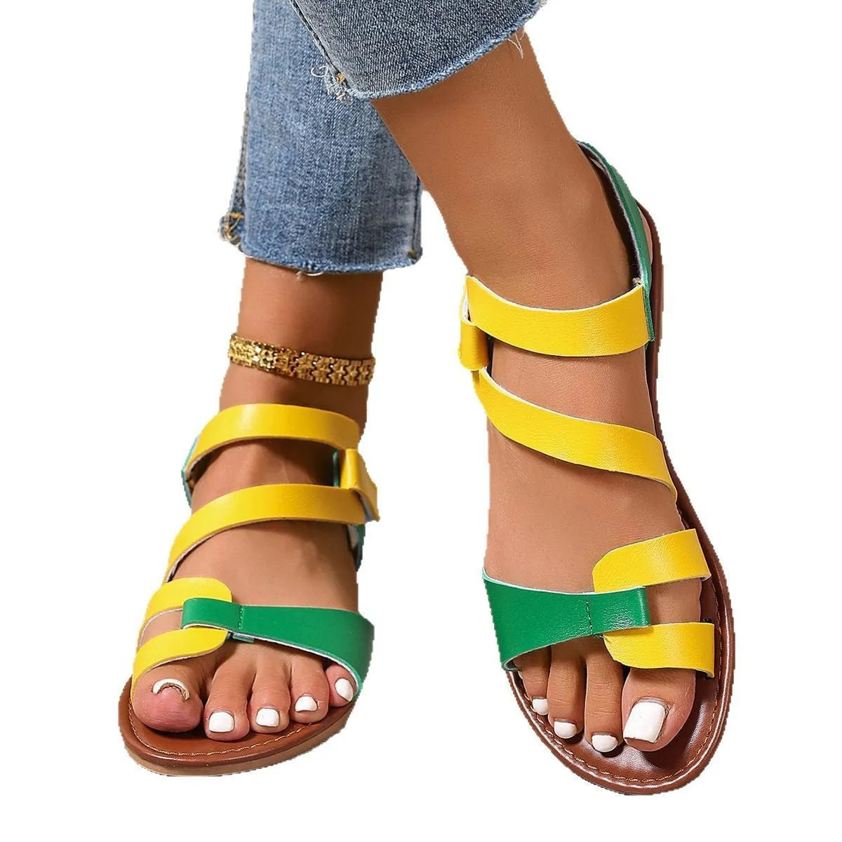 Women's flat sandals with Velcro strap, round toe, and a brown PU upper on a rubber sole.