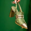 Women's black chunky heel pointed-toe sandals with a high-cut ankle strap.