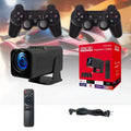 Black 720p wireless home projector on table with international power adaptors for gaming and media projection