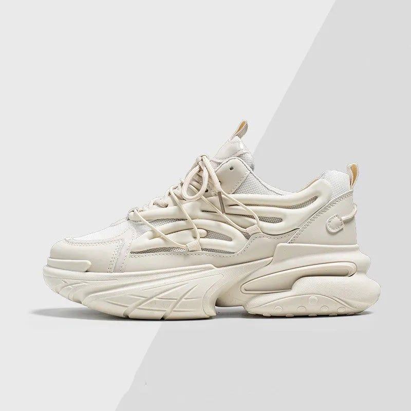 Men's beige mesh and PU leather sneakers with rubber soles and front lace-up closure