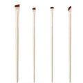 Four angled eyeliner and brow makeup brushes with fine bristles inside a leather case.