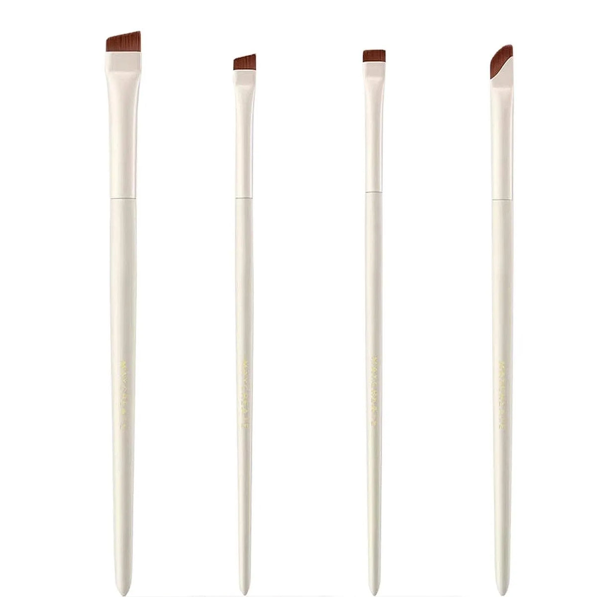 Four angled eyeliner and brow makeup brushes with fine bristles inside a leather case.