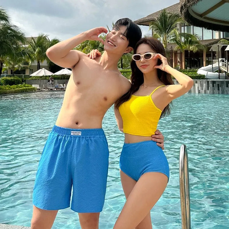 Women's high waist backless swimsuit set with nylon lining, blue or green, top and shorts