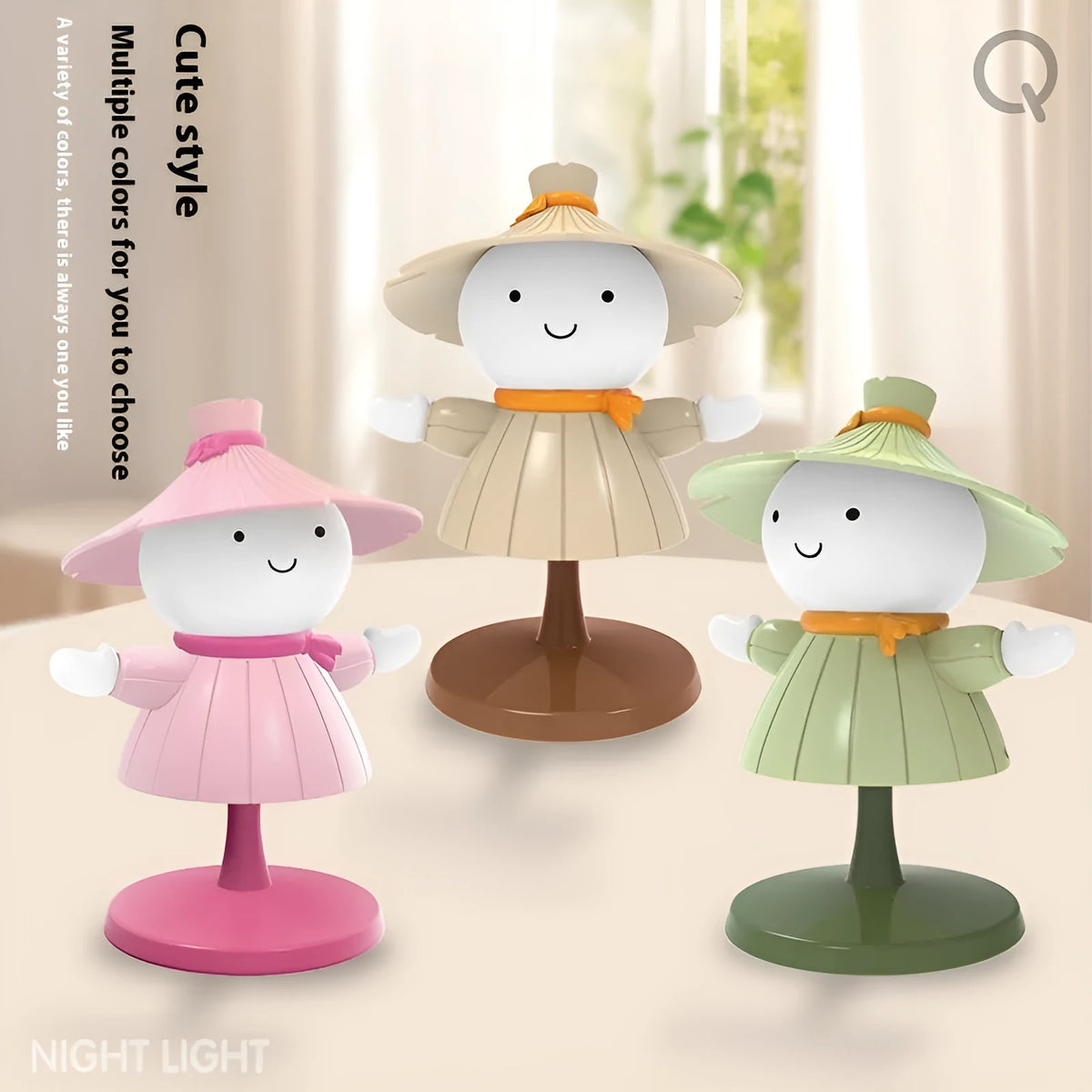 Cartoon scarecrow night lamp in brown, pink, or green with USB cable and dimmable bedside light