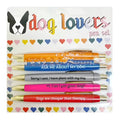 Coloured push action automatic pen set with cat and dog themed refills in beaded storage bag