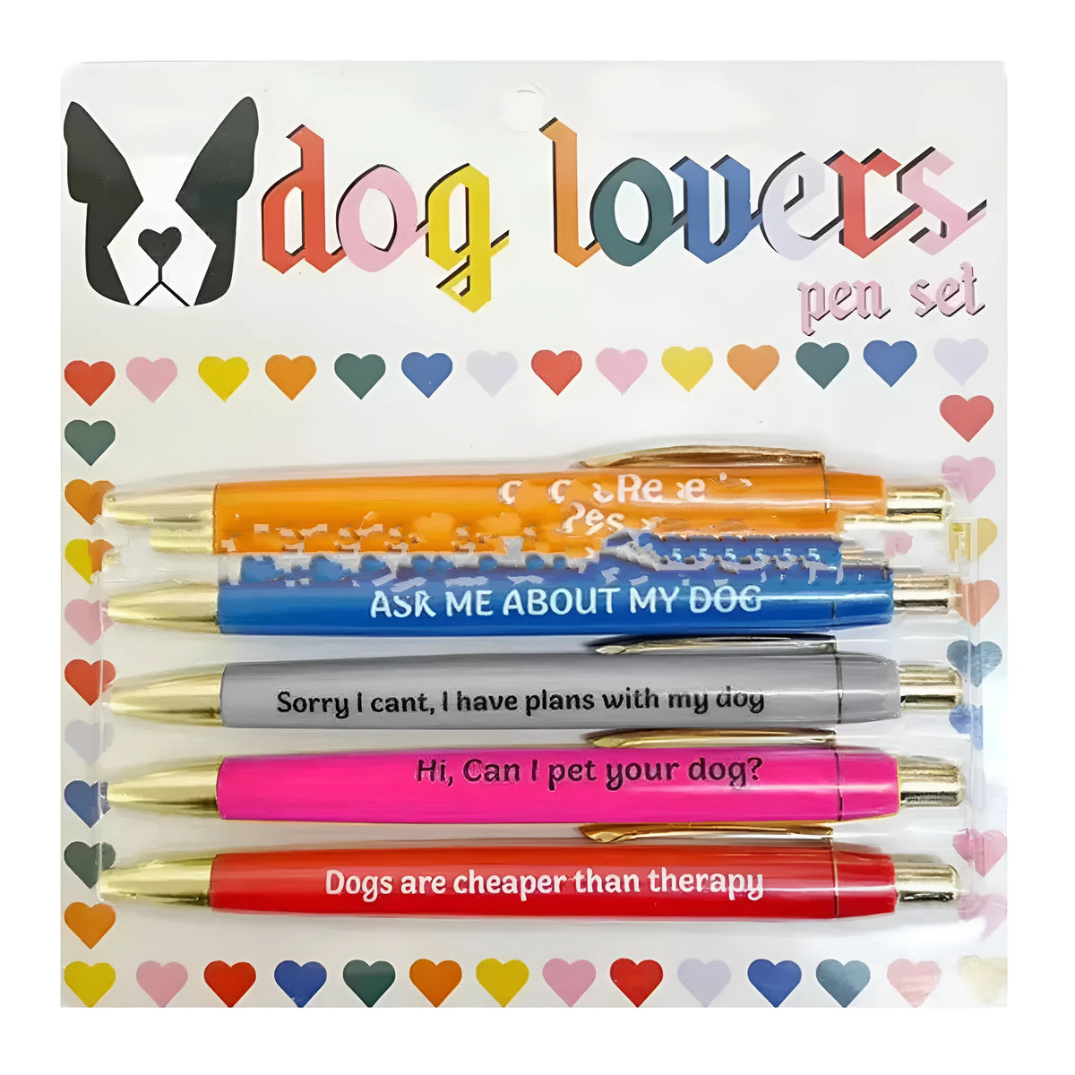 Coloured push action automatic pen set with cat and dog themed refills in beaded storage bag