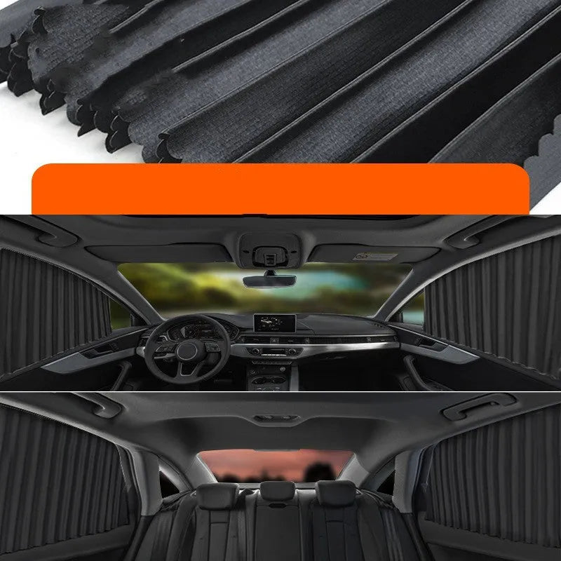 Auto retractable sun curtain car sunshade in black colour showing roller shutter mechanism