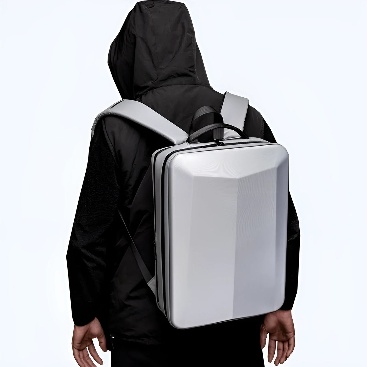 Black waterproof ABS PC business backpack with curved shoulder straps and street trend styling