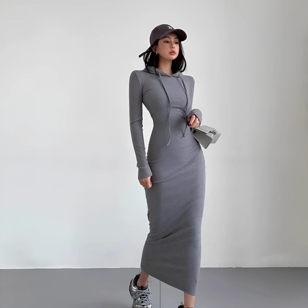 Women's long sleeve hooded sheath dress in polyester fabric showing high waist design