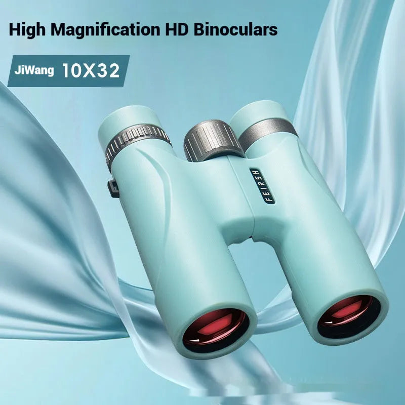 Blue and grey compact 10x32 binoculars showing eyepieces and objective lenses.