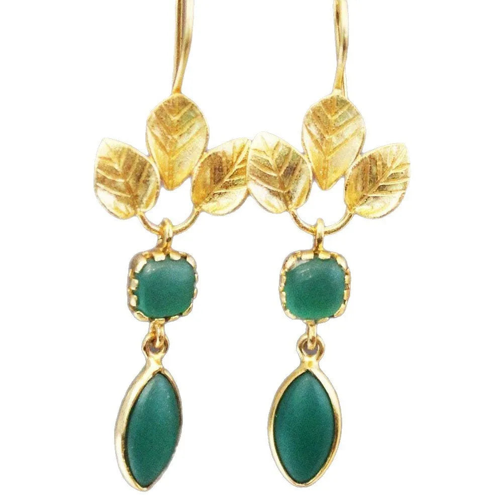 Gold drop earrings with French leaves tassel and water droplet zircon design