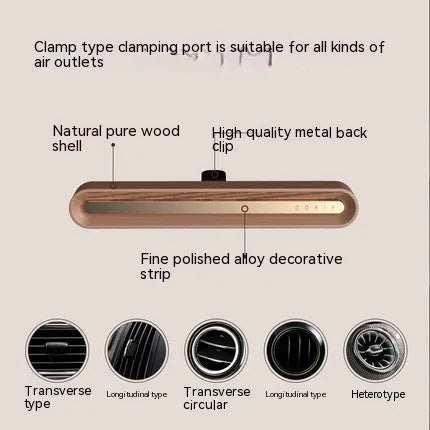 Long strip car aromatherapy ornament for air vent mounting in walnut or metallic grey finish