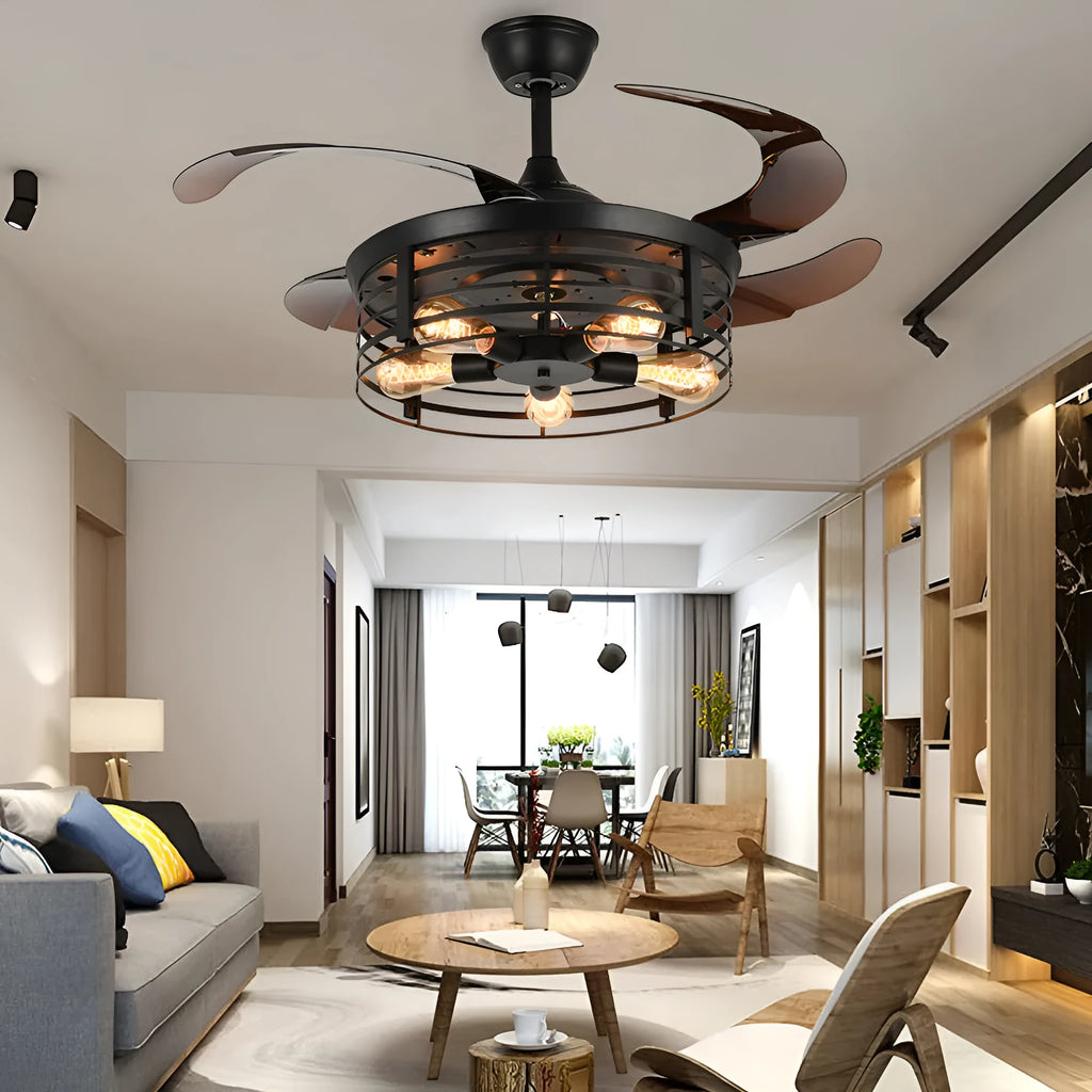 Industrial-style 42-inch ceiling fan lamp with invisible acrylic blades and integrated light shade