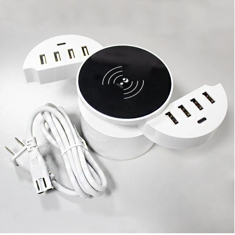 Ceramic white circular wireless charger with UK plug adapter and multiple USB ports