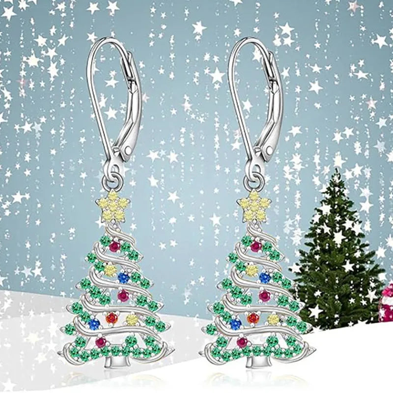 Women's Christmas tree earring pendants in white gold colour with star-shaped design on copper