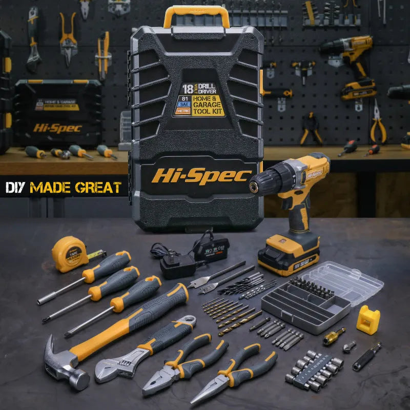 Grey yellow 82-piece chrome-vanadium steel tool set in a storage case for furniture installation.