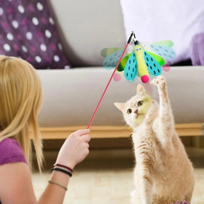 Blue, yellow, and pink dragonfly cat wand toy on a 49cm stick with a bell.